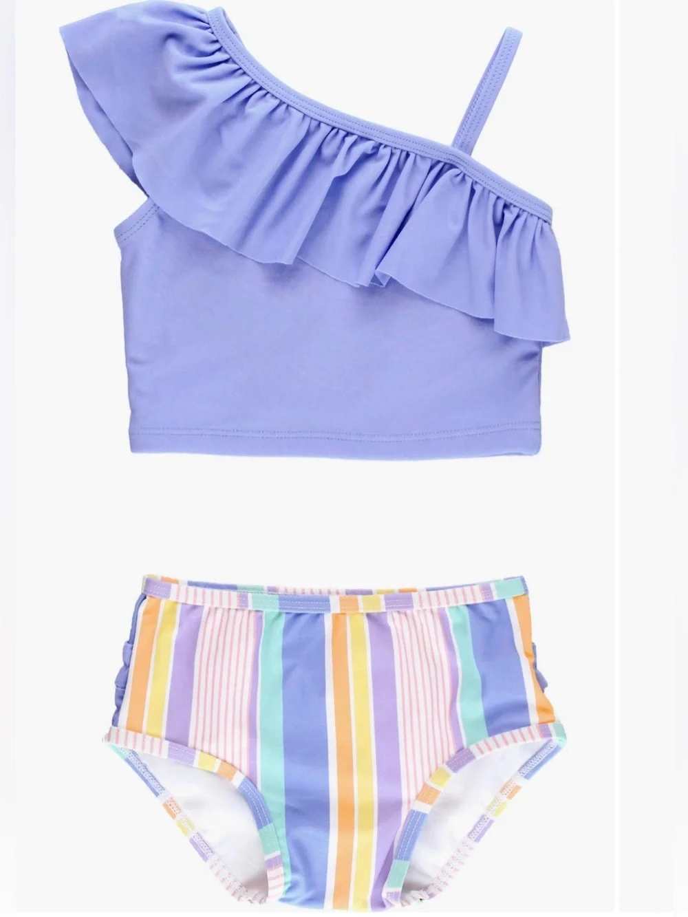 Ruffle Butts Pastel Stripe Two-Piece Swim Set with Light Blue Accents